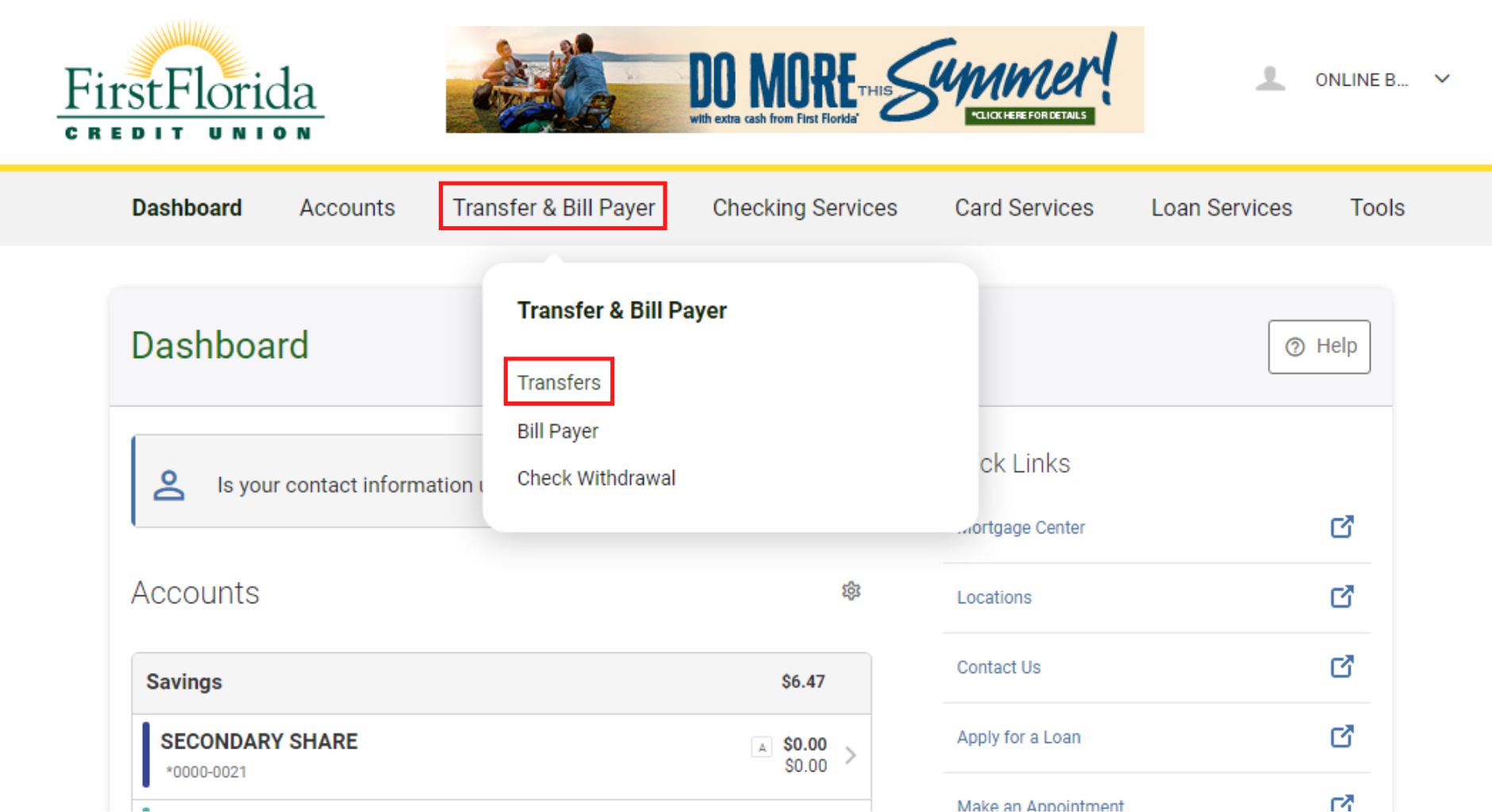 Screen capture showing transfer and biller payer tab and transfers option