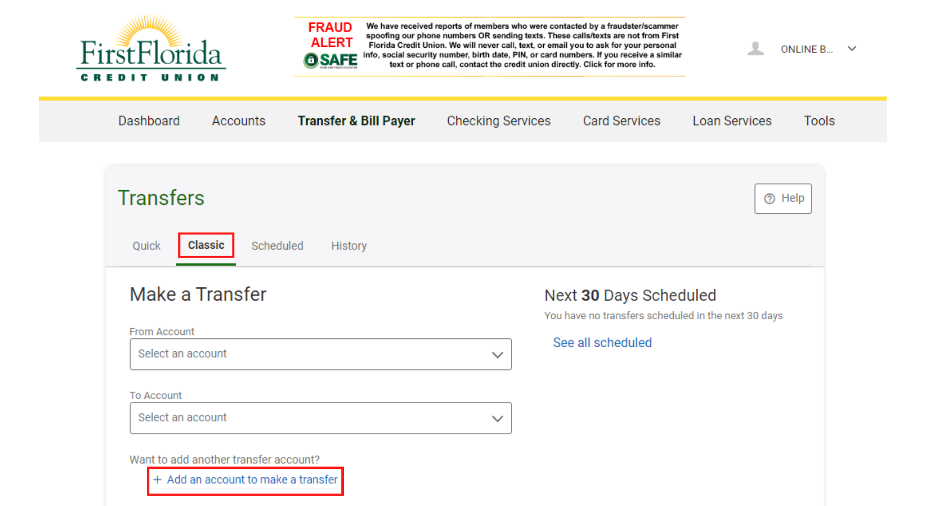 Screen capture showing classic transfer option and add an account to make a transfer option