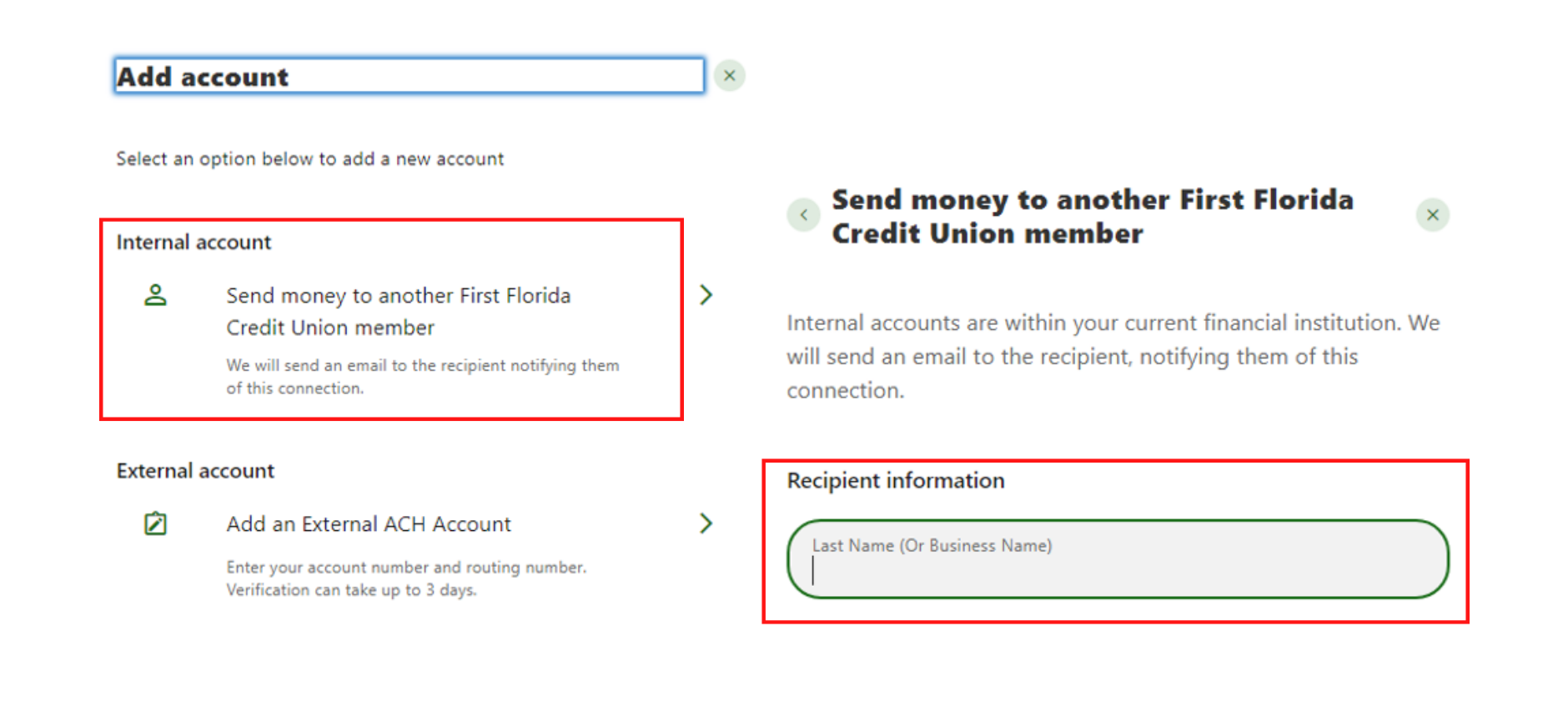 Screen capture showing internal account and recipient information