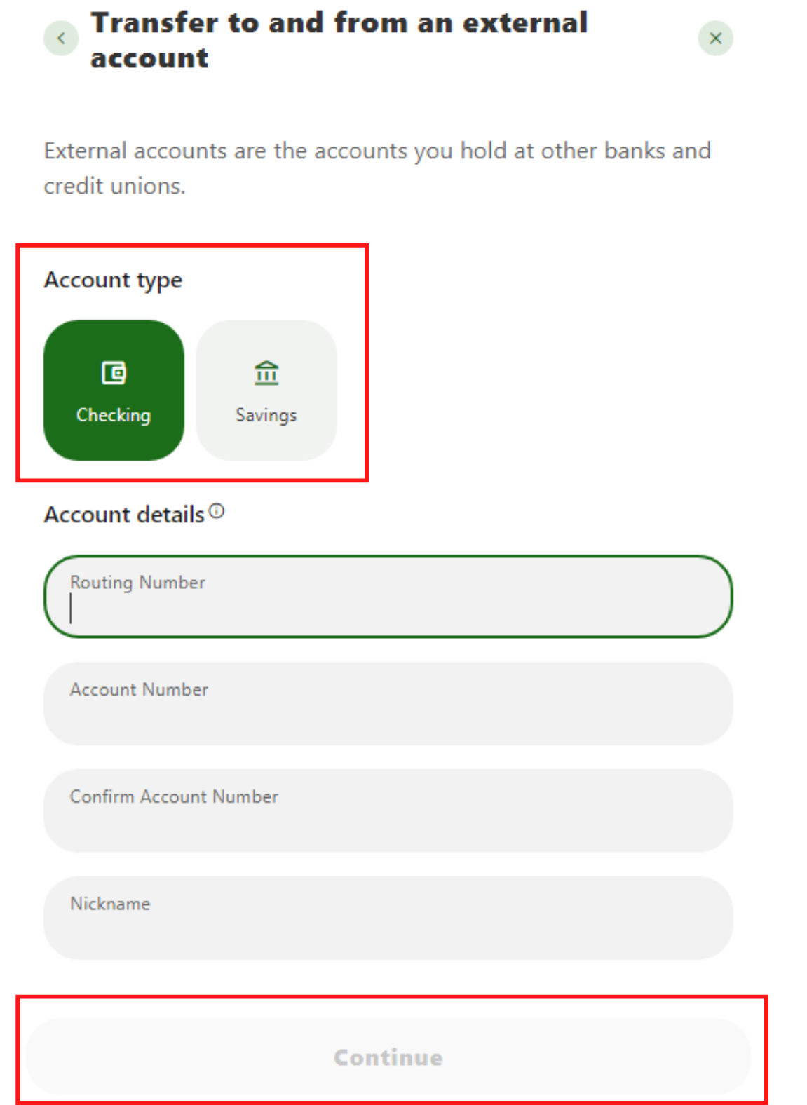 Screen capture showing account type selection and inputs to add account details
