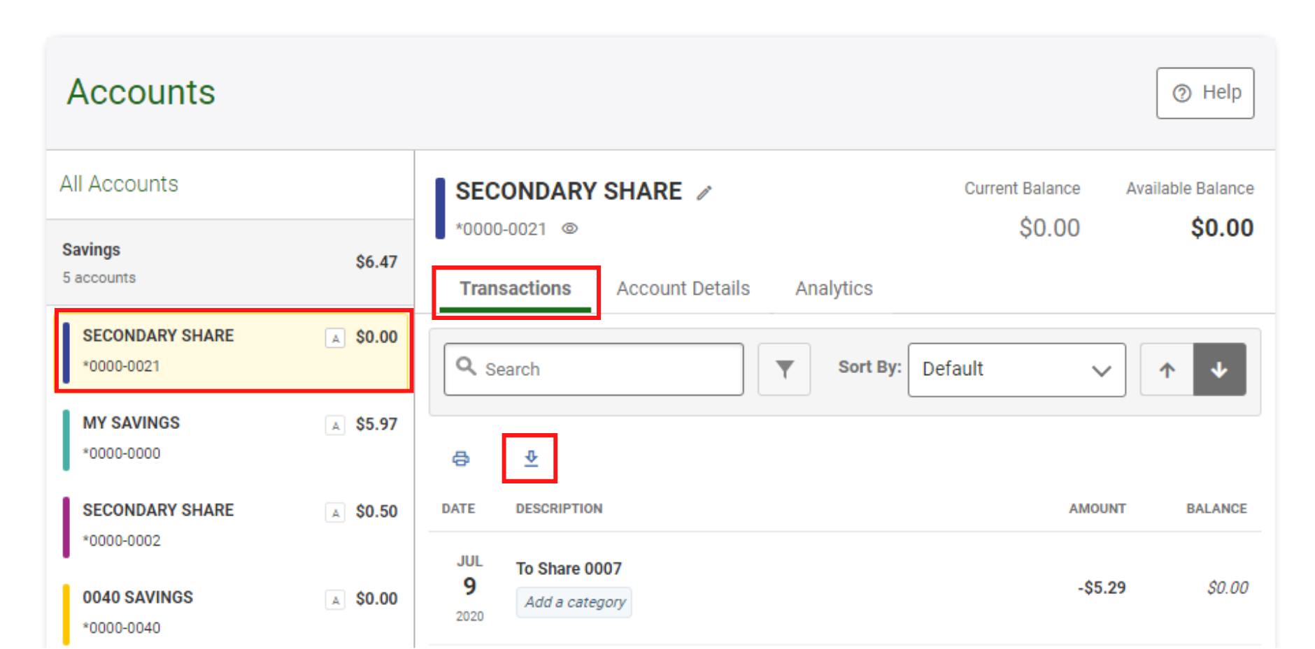 Screen capture showing account selection, transactions and button to click to export file