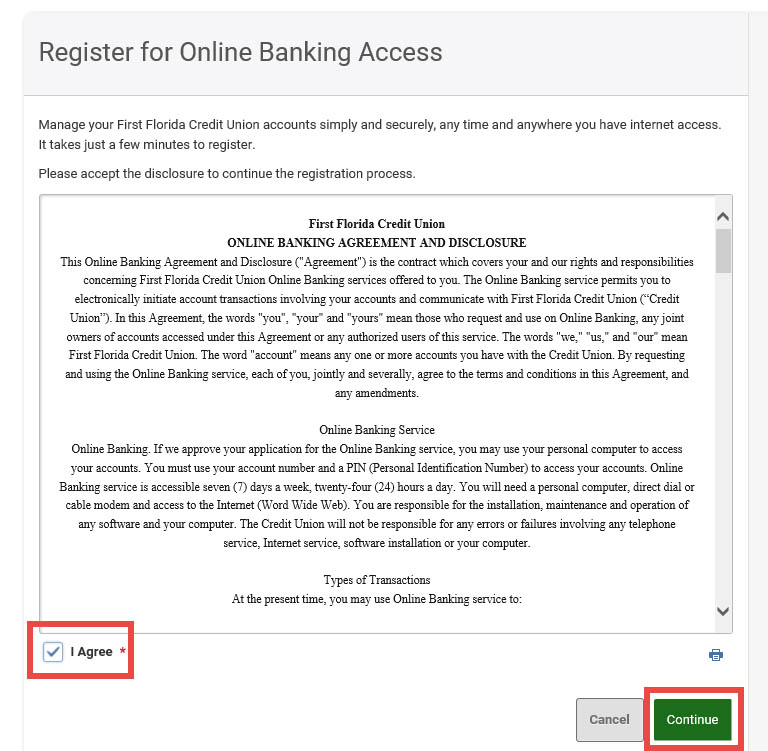 Register for Online Banking Access I Agree