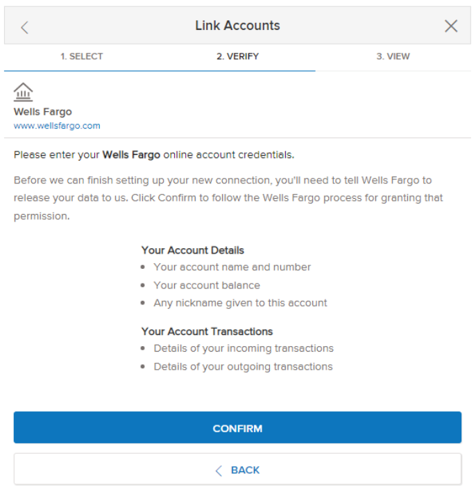 Screen capture showing the verification step when linking an account