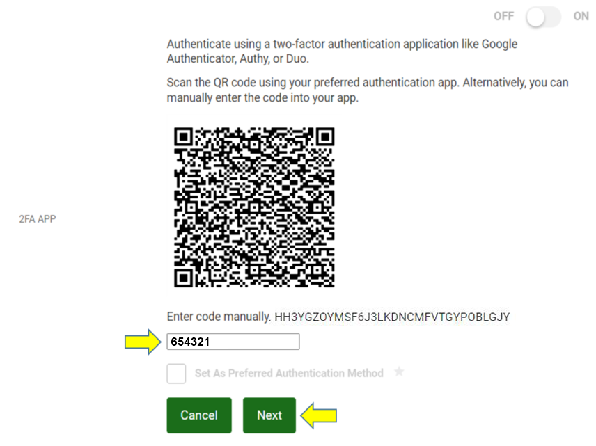 Screen capture of QR code to set up two factor authentication. Or where to enter the code manually