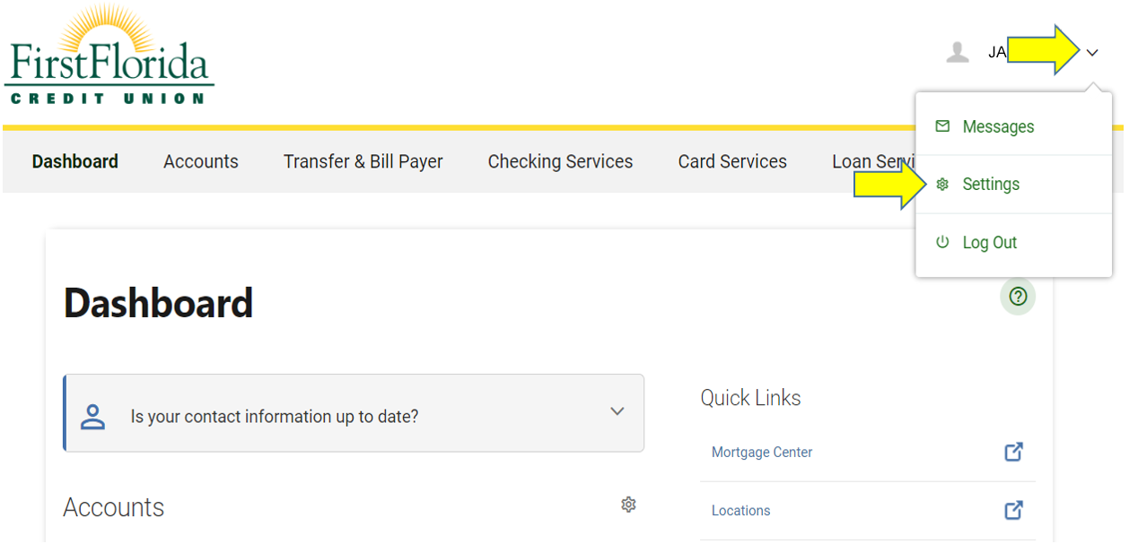 Screen capture of online banking showing the arrow in the upper right corner. And the Setting link in that drop down