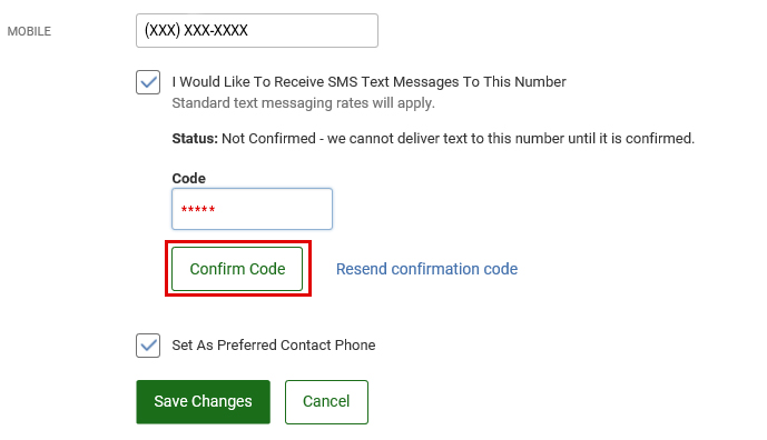 Screen capture showing where to enter verification code and button to Confirm Code