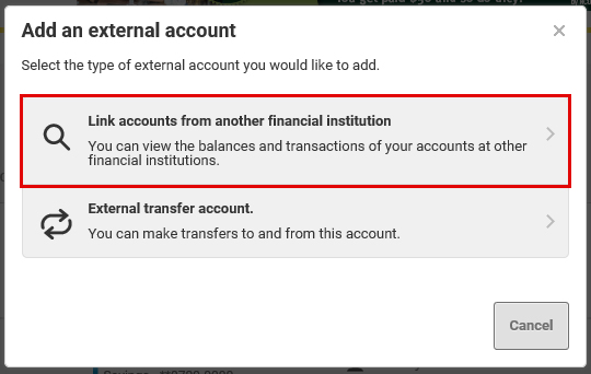 Screen capture showing the Link accounts from another financial institution option
