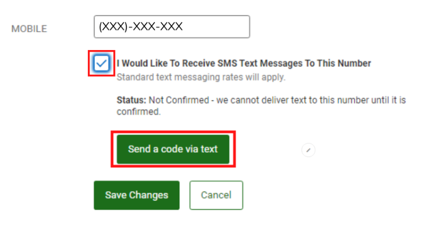 Screen capture showing checkbox for text messages and button to send code via text message