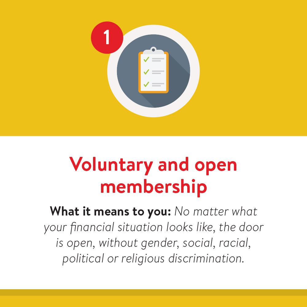 7 Co-op Principals- 1 Principal 1: Voluntary and open membership. What it means to you: No matter what your financial situation looks like, the door is open, without gender, social, racial, political or religious discrimination.
