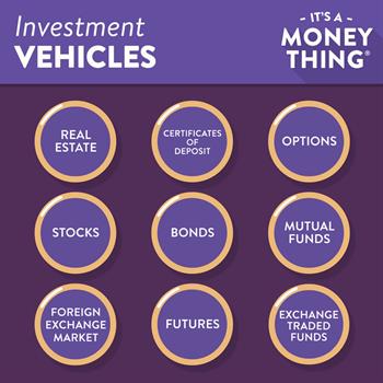 Investment Vehicles: There are many types of investment vehicles. but the most common are stocks, bonds. and mutual funds.