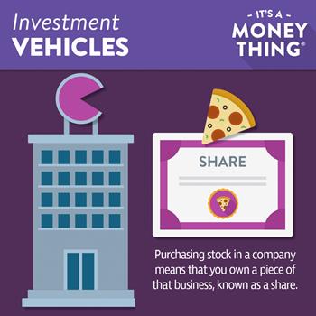 Investment Vehicles: Purchasing stocks makes you a part owner of the company you bought them from.