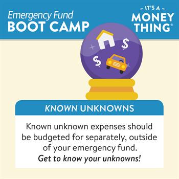 Known Unknown expenses, like common repairs, should be budgeted for outside of an emergency fund. 